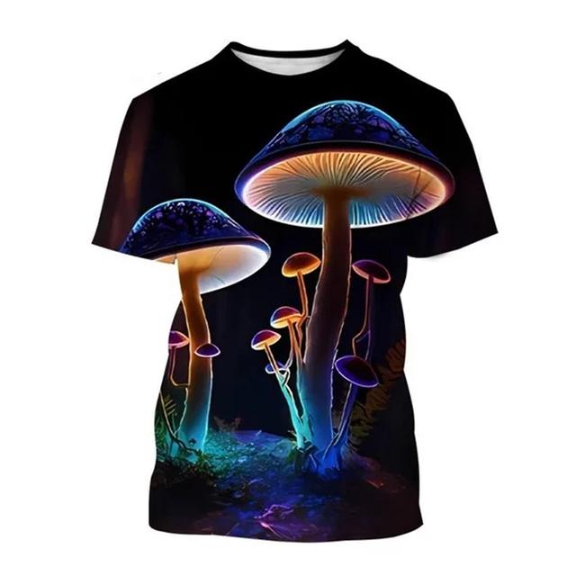 Neutrales T-Shirt mit 3D-Pilzdruck, Pflanzenmuster, Rundhalsausschnitt, kurzärmlig, Waldmode, lässiges Oberteil, hochwertige Kleidung, 6XL