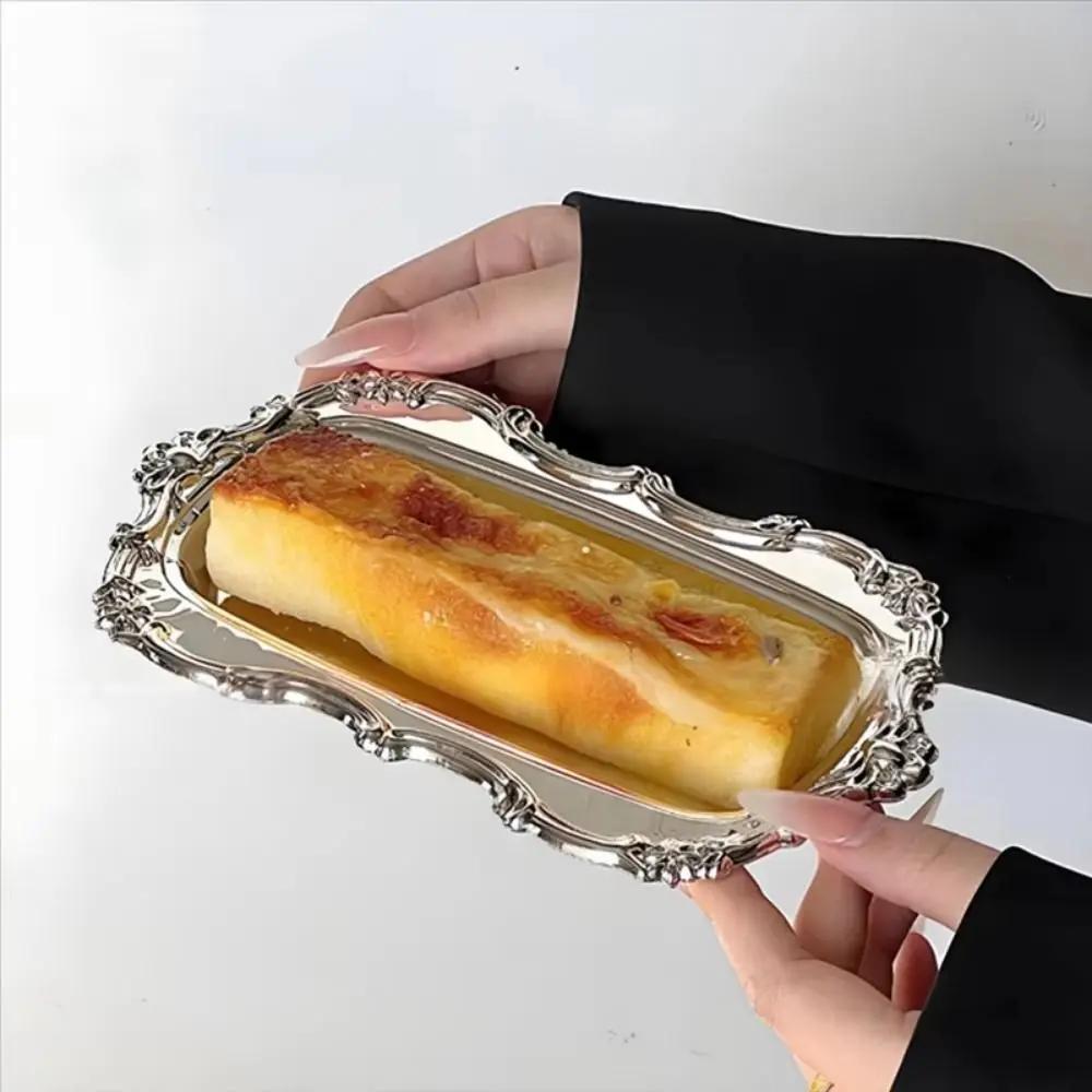 European Style Vintage Embossed Tray Embossed Design Sturdy Desserts Plate Save Space Gold/Silver Jewelry Storage Organizer