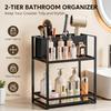 Bathroom Counter Storage Shelf, 2 Level Iron and Plastic Rack with Split Top Holder and Open Lower Tray for Bottles
