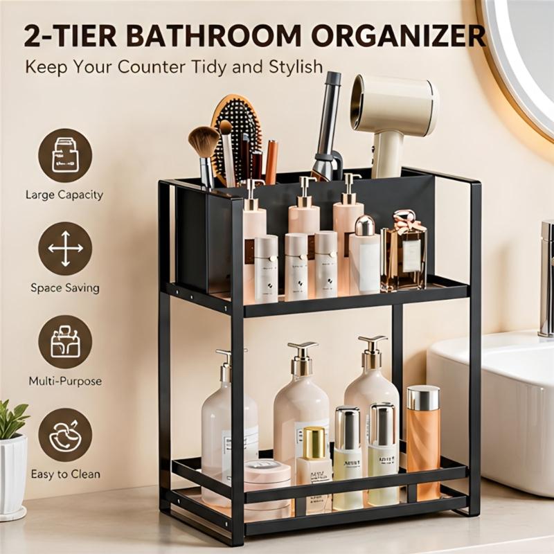 Bathroom Counter Storage Shelf, 2 Level Iron and Plastic Rack with Split Top Holder and Open Lower Tray for Bottles