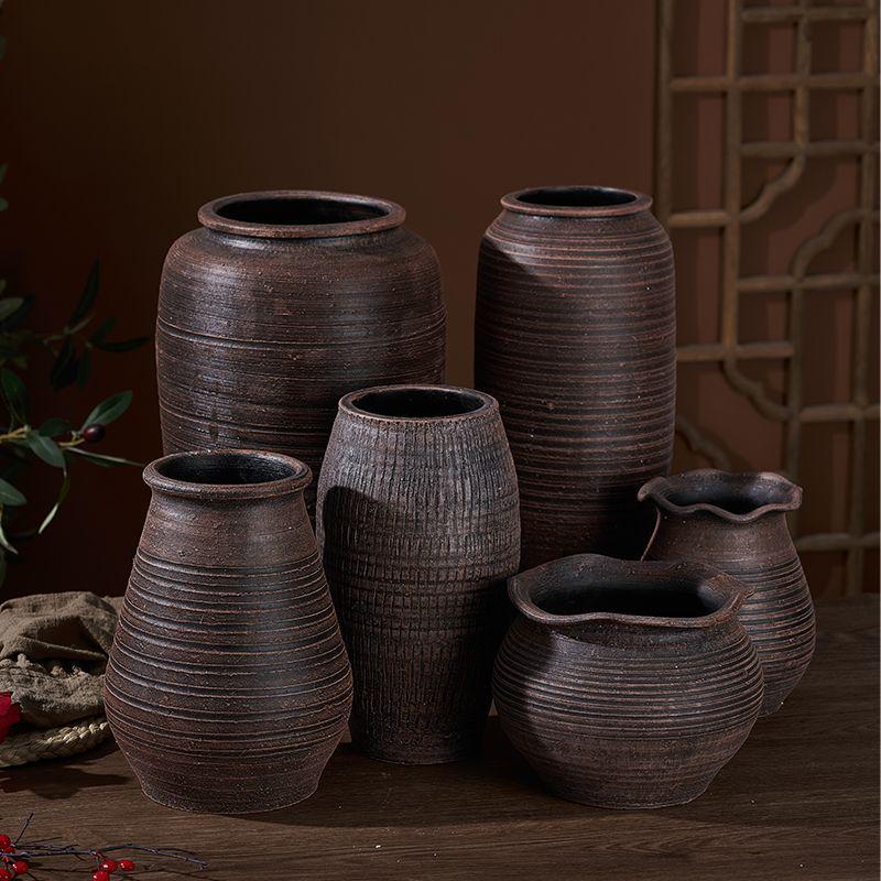 Zen-Style Rustic Pottery Vase for Dried Flowers and Succulents: New Chinese Retro Design