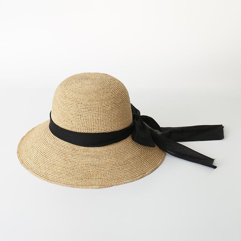 Summer new fashion foldable hand-woven raffia big eaves hat bow streamer beach sunshade raffia straw hat