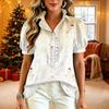 Damen V-Ausschnitt Weihnachten Print Kurzarm Knopfleiste Bluse mit Rüschenbesatz