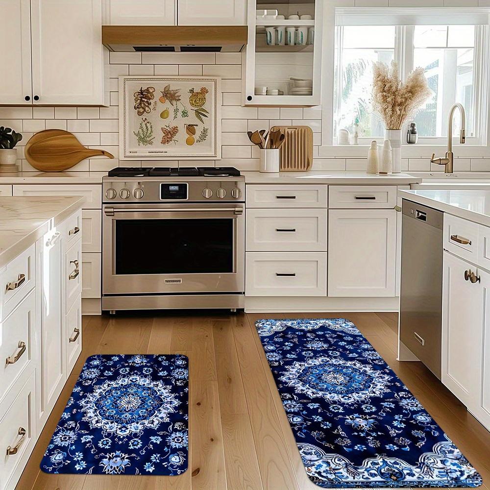 1Pcs Anti Fatigue Kitchen Rugs, Bohemian Blue Print Waterproof Non-Slip Thick Cushioned Kitchen Mat Heavy Duty Comfort Standing Mat for Kitchen