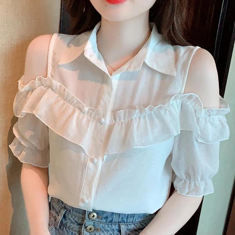 Women's Off Shoulder Tops Shirts Summer Korean Clothes Casual Feminina Ruffles Sexy Chiffon Blouses