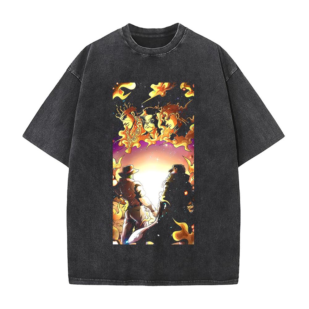 JoJo's Bizarre Adventure Stardust Crusaders Joutarou Joseph Print T-shirt Men Women Cotton Tshirt Retro Washed T Shirt Manga Top