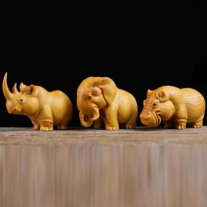 1/3Pcsmanual Wood Carving Wooden Product Rhino Hippo Elephant Room Home Decor Car Ornaments Decoration Sculptures & Figurines