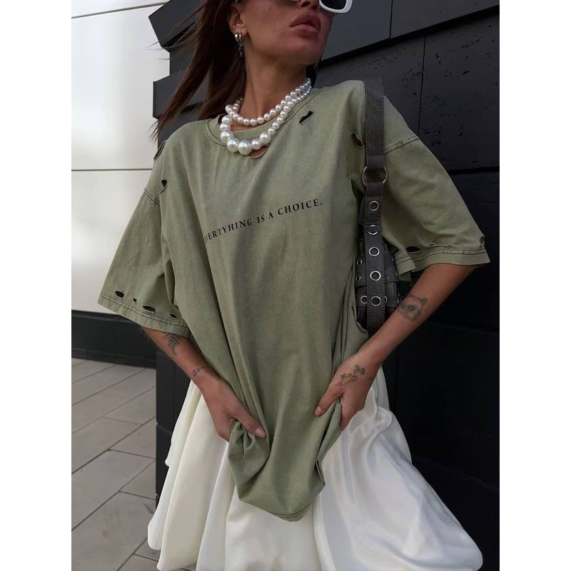 Western Style Loose Letters Print Distressed Hole T-shirt Top Broken Hole Printed T-shirt