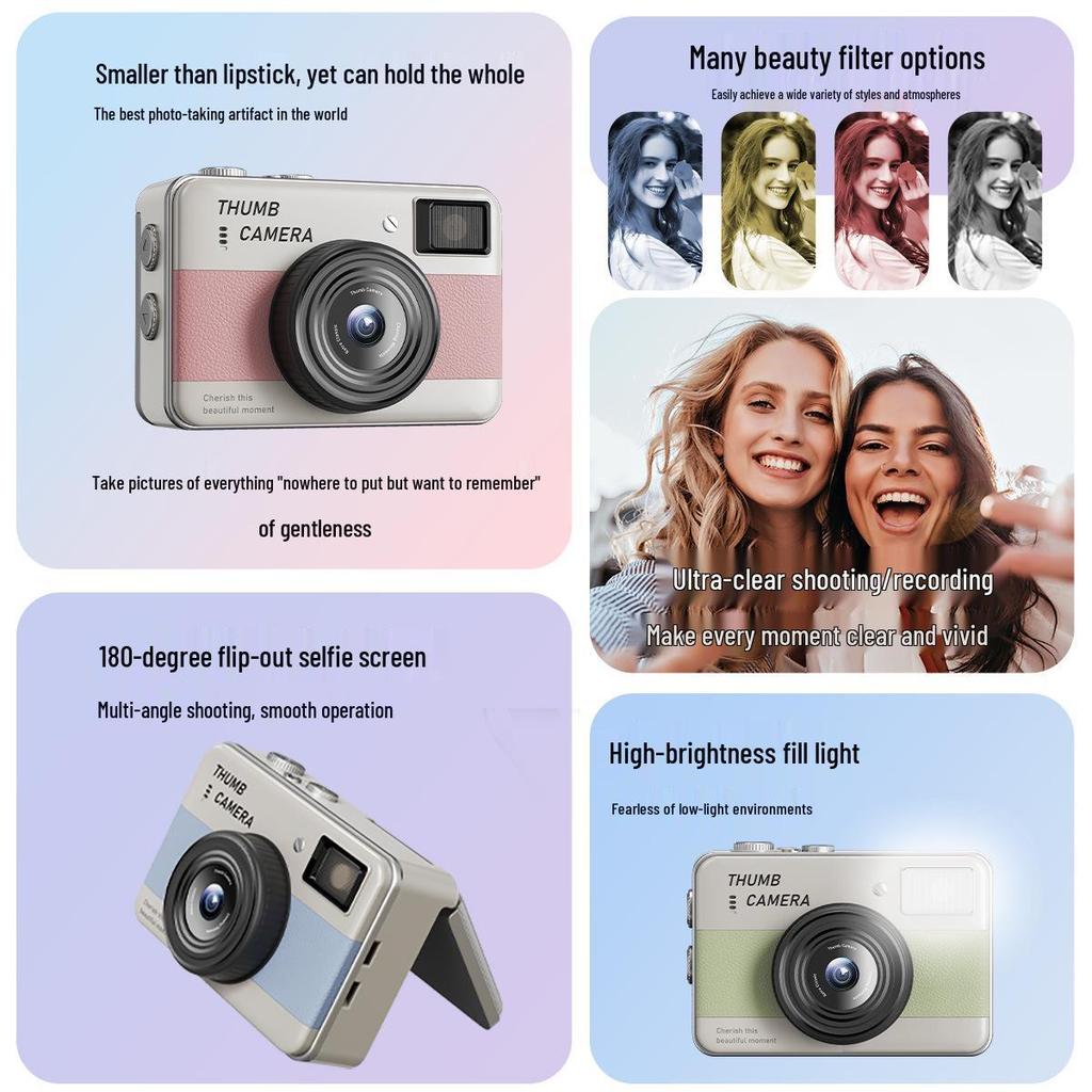 Retro Flip Screen Mini Camera for Students - Portable HD Photo & Video Recorder with Lanyard