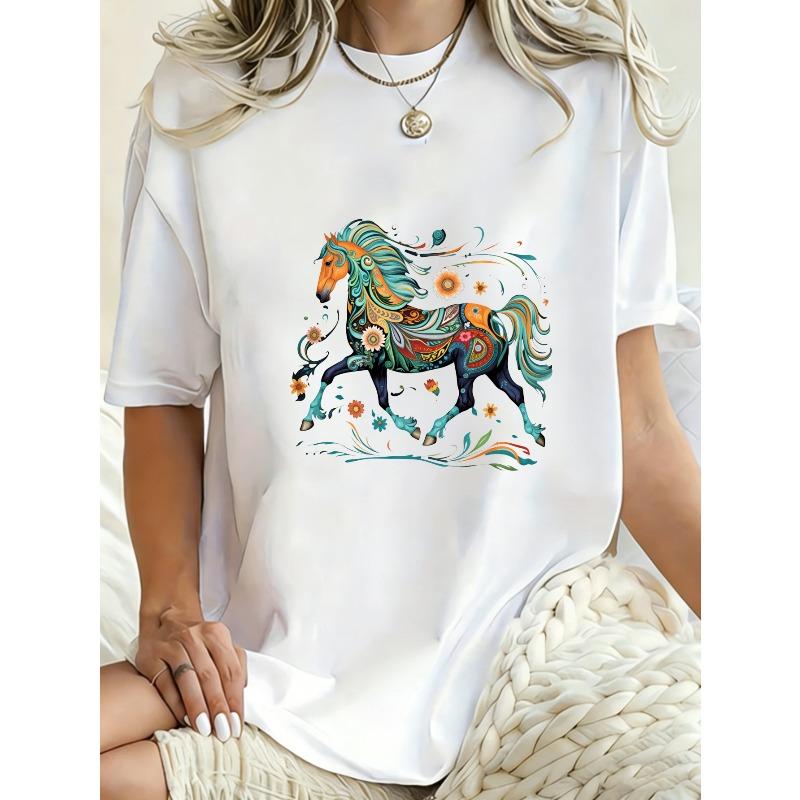 Übergroßes T-Shirt Kleid Schwarz Buntes Pferd Blumenmuster Freizeitkleidung für Damen Sommer-Outfit Streetstyle Mode Top