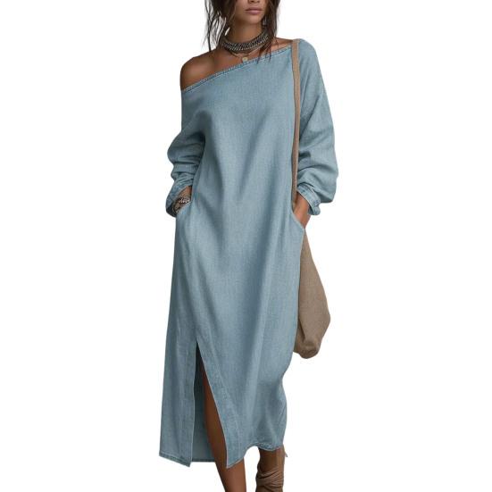 Women's One Shoulder Long Sleeve Maxi Dress, Casual Cotton Linen Long Tunic Dress, Side Slit Summer Loose Dress with Pockets