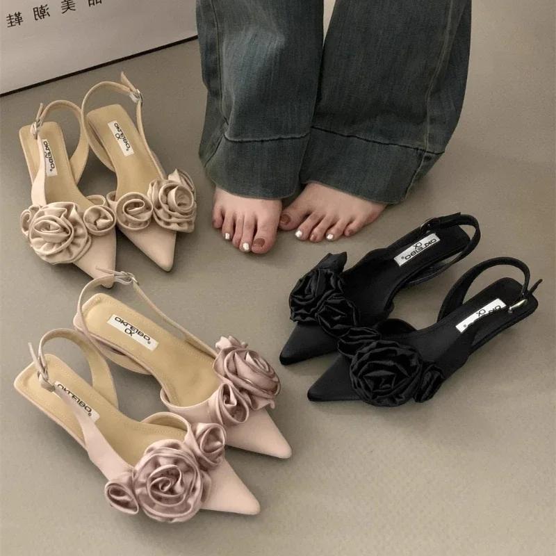 Fashion Elegant Woman Sandals High Heeled Sweet Rose Closed Toe Footwear 2024 Summer Slingback Pointed Fashion Dress Ladies Shoes