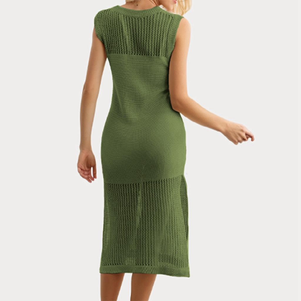 Dámské plavky zahalovací háčkované úpletové šaty s dlouhými rukávy plavky s vroubkovaným výstřihem šaty boční rozdělené plážové midi šaty