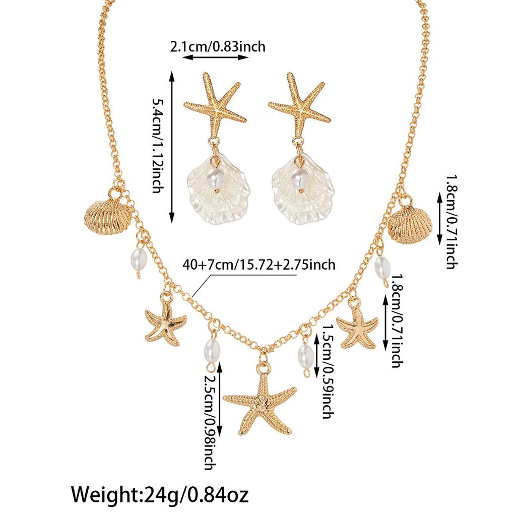 1 Pair of Earrings+1 Necklace Vacation Style Alloy Starfish Shell Pendant Necklace Flower Earrings Versatile Women's Bead Set