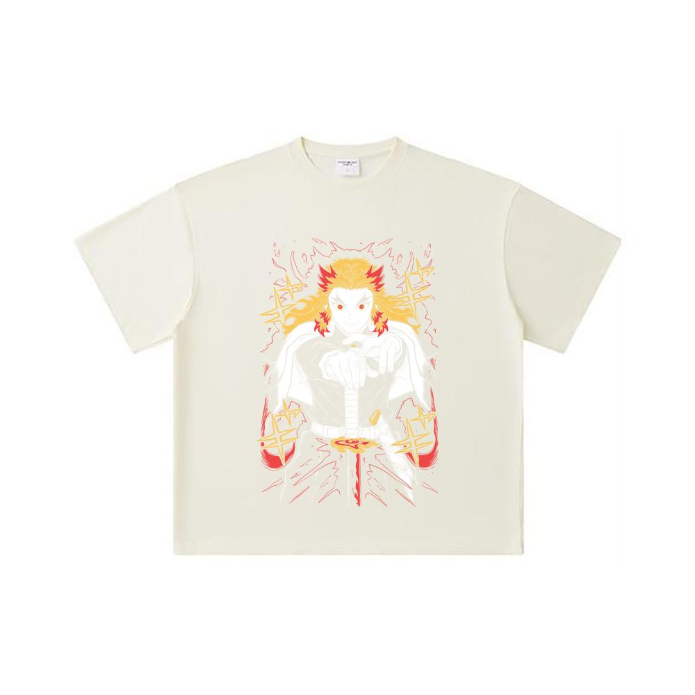 260 GSM Double Yarn 32 Count 100% Cotton Demon Slayer V43 Rengoku Print Unisex Heavy Cotton T Shirt