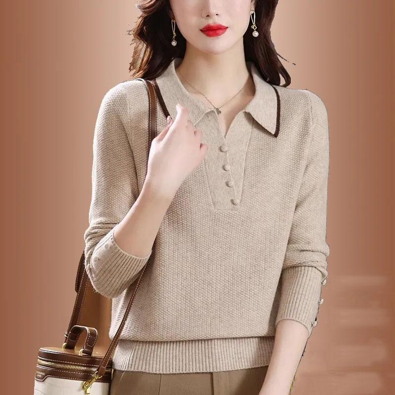 Spring Autumn Fashion Women Sweater Elegant Turndown Pullover Sweater Female Loose Knitting Bottoming Shirt Jumper Lady