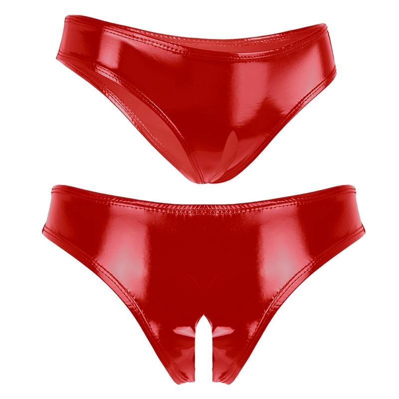 Women Lingerie Wet Look Patent Leather Open Crotch High Cut Mini Briefs Underwear