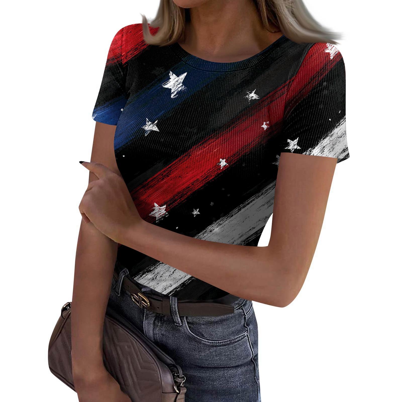 

Women s Casual Fashion Round Neck Independence Day Print Short-Sleeve Ribbed Top XL червоний