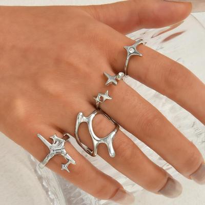 4 Stück/Set Gothic Unregelmäßige Geometrische Sternen-Öffnungsringe für Damen Herren Mode Persönlichkeit Punk-Ringe Party Schmuck Zubehör