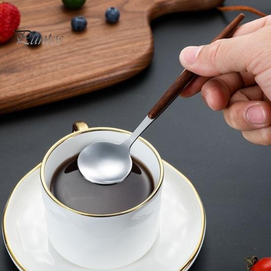 Mousse Dessert Utensil Stainless Steel Coffee Spoon with Wood Grain Handle, Small Stirring Elegant Natural Texture Spoon, Rustic Teaspoon for