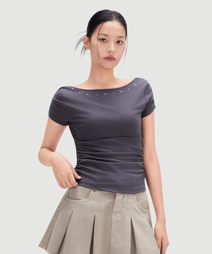 MIXXO Studded Shirred Short Sleeve T-Shirt_Miwhwg749A