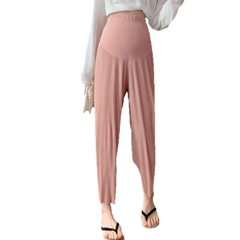 Pregnant women large size summer thin ice silk nine-point wide-leg pants new belly fat mm casual straight belly support pants