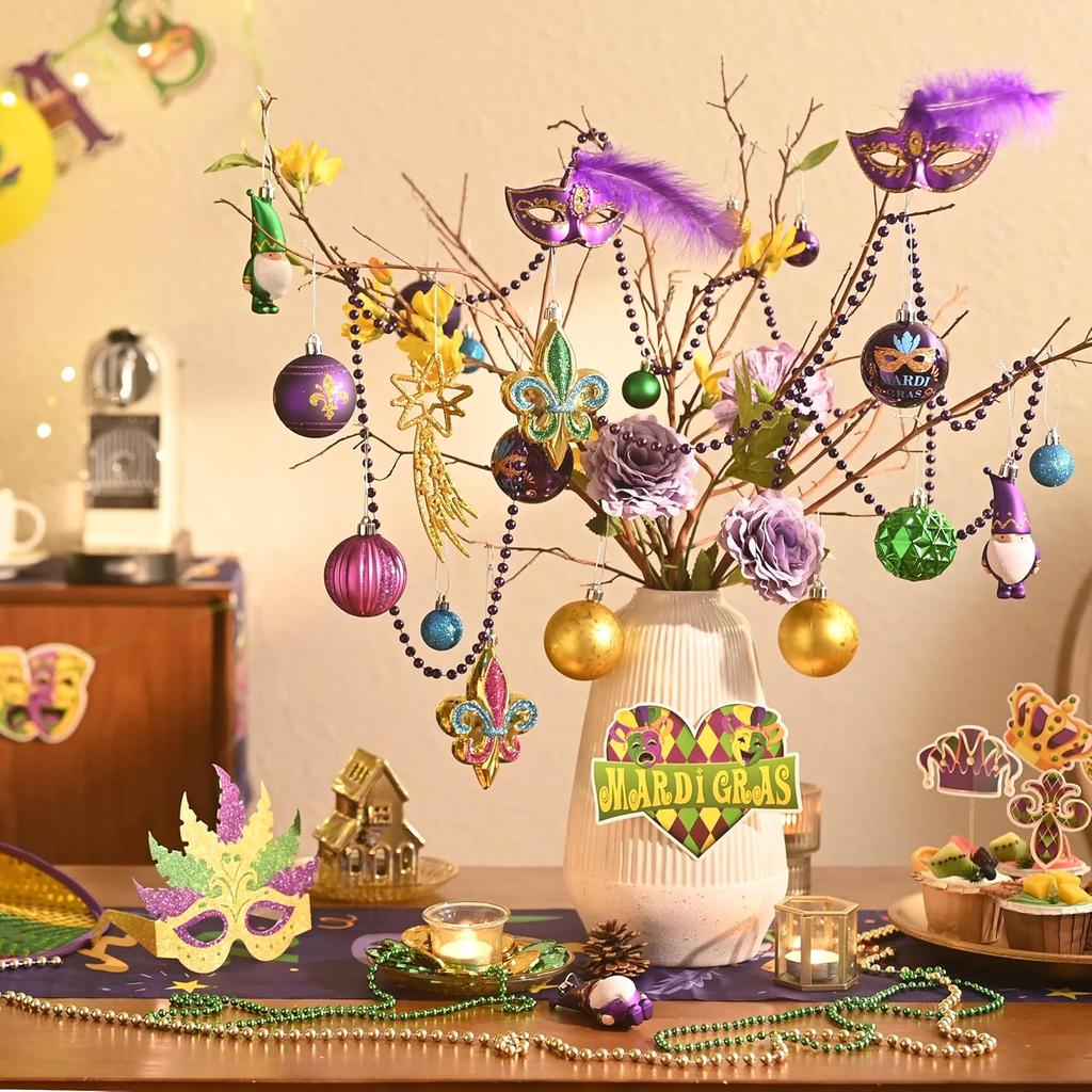 DecorbyHannah 40ct Mardi Gras Ornaments Decorations, Purple Green Gold Ornaments Set with Carnival Masks and Mardi Gras Beads, Shatterproof Ornaments