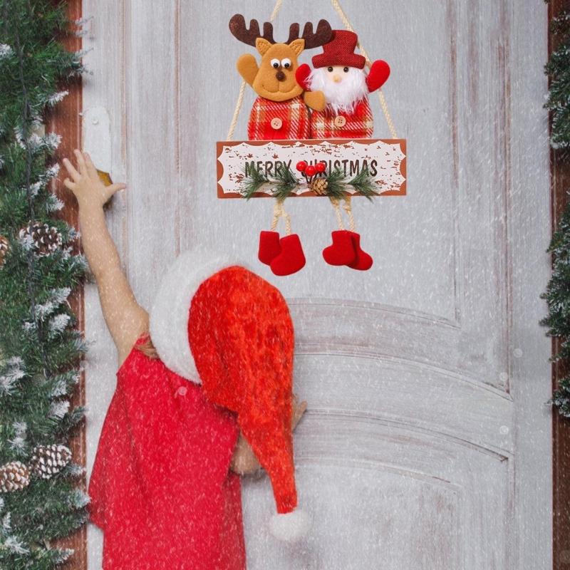 Festival Double Face Santa And Reindeers Hanging Decoration Outdoor Christmas Decorations