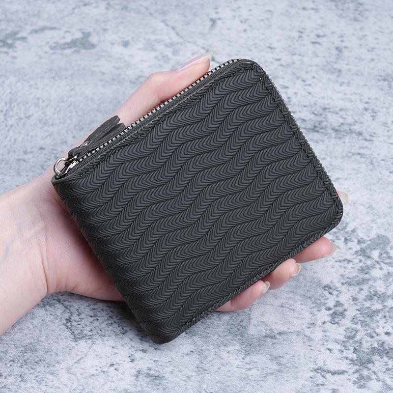 

PU Leather Men s Short Wallet Vintage Woven Texture Card Holder With Coin Pocket Zipper Multi-card Slot Large Capacity Money Bag чёрный