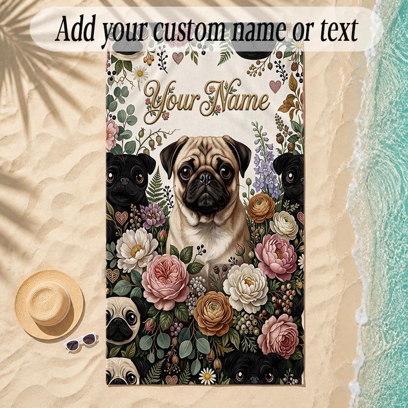 Pug Theme Soft Beach Towel Personalized Custom Name Text Towel Portable for Beach Pool Travel