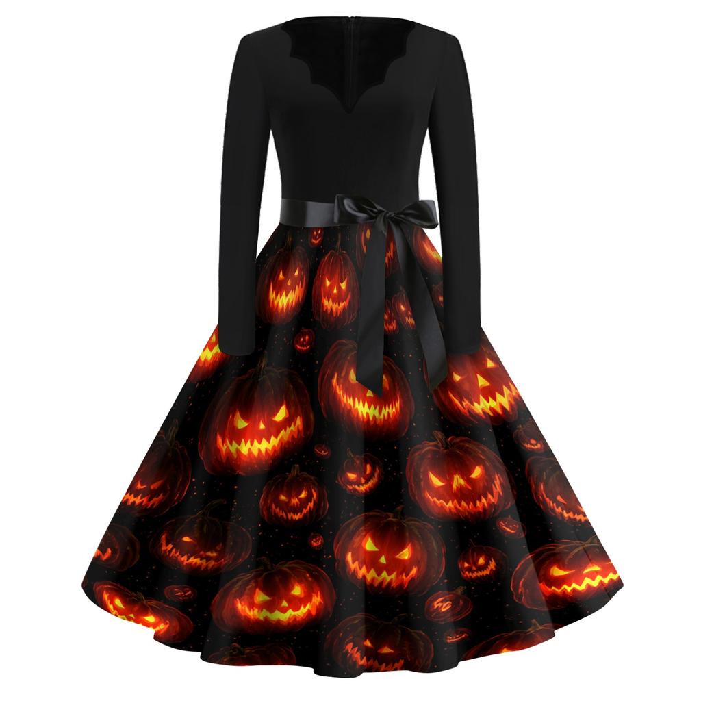 Women's Vintage V-Neck Dress with Halloween Print for Casual Fall Outings