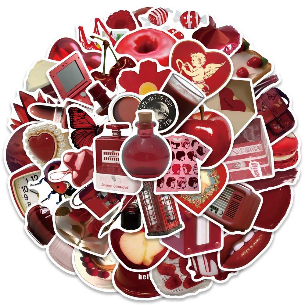 50 Red Retro Graffiti Stickers Decorate Guitar Notes Suitcase DIY Waterproof