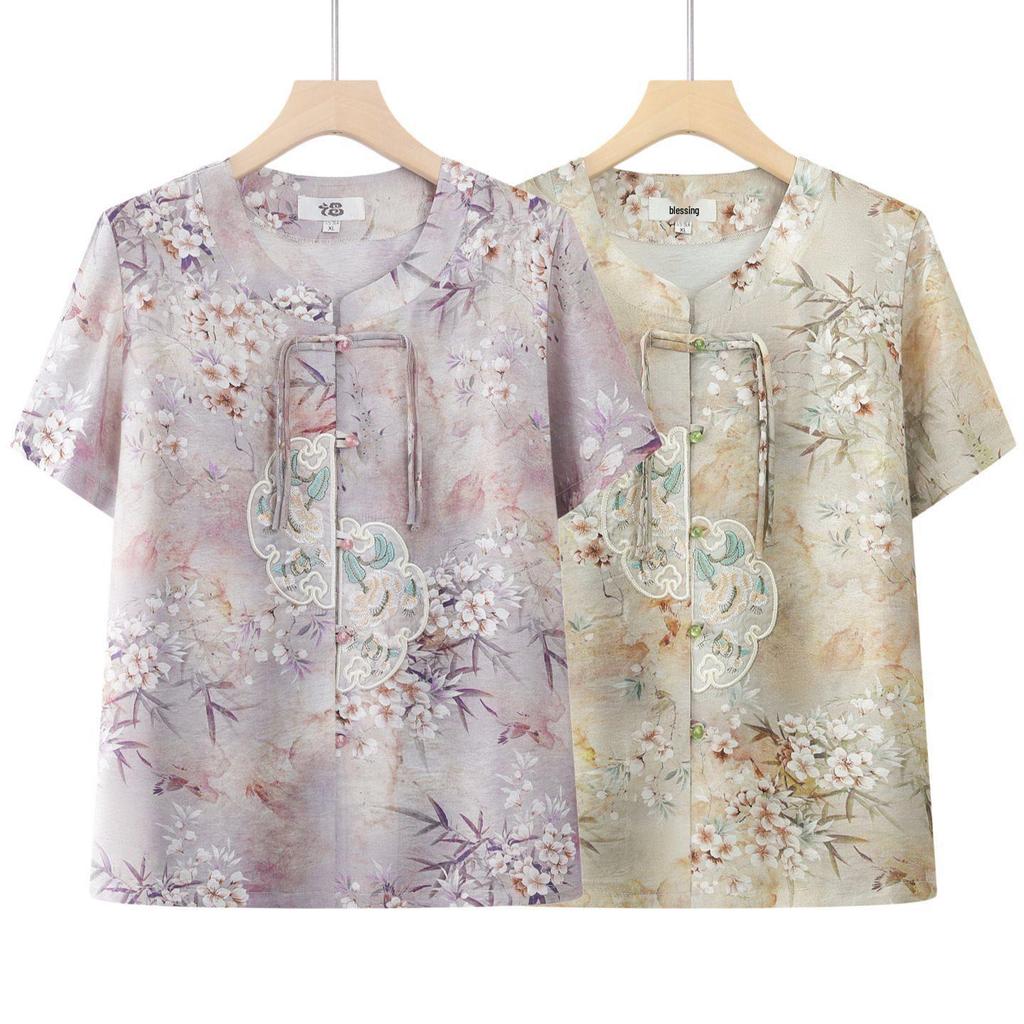 Chinese Style Summer Suit: Short-Sleeved Shirt & Cardigan Set for Middle-Aged and Elderly Women