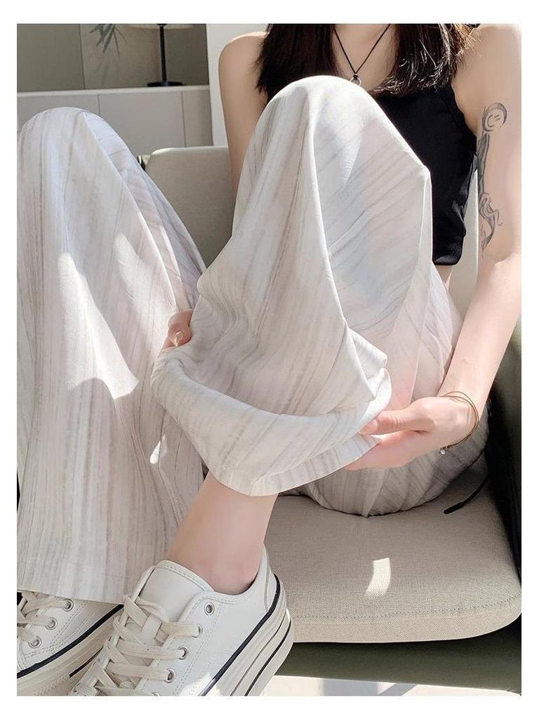 Women's Summer Ice Silk Ink Painting Wide-Leg High-Waisted Floor-Length Pants