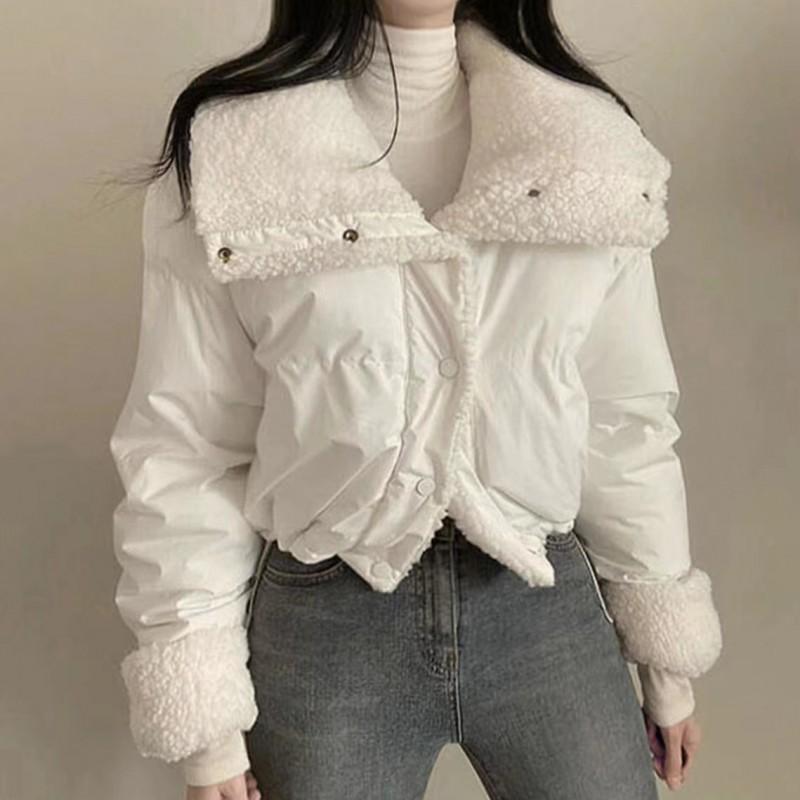 Womens Short Fleece Lined Cotton Coat Loose Reversible Winter Jacket Turn Down Collar Long Sleeve Solid Color Plus Size