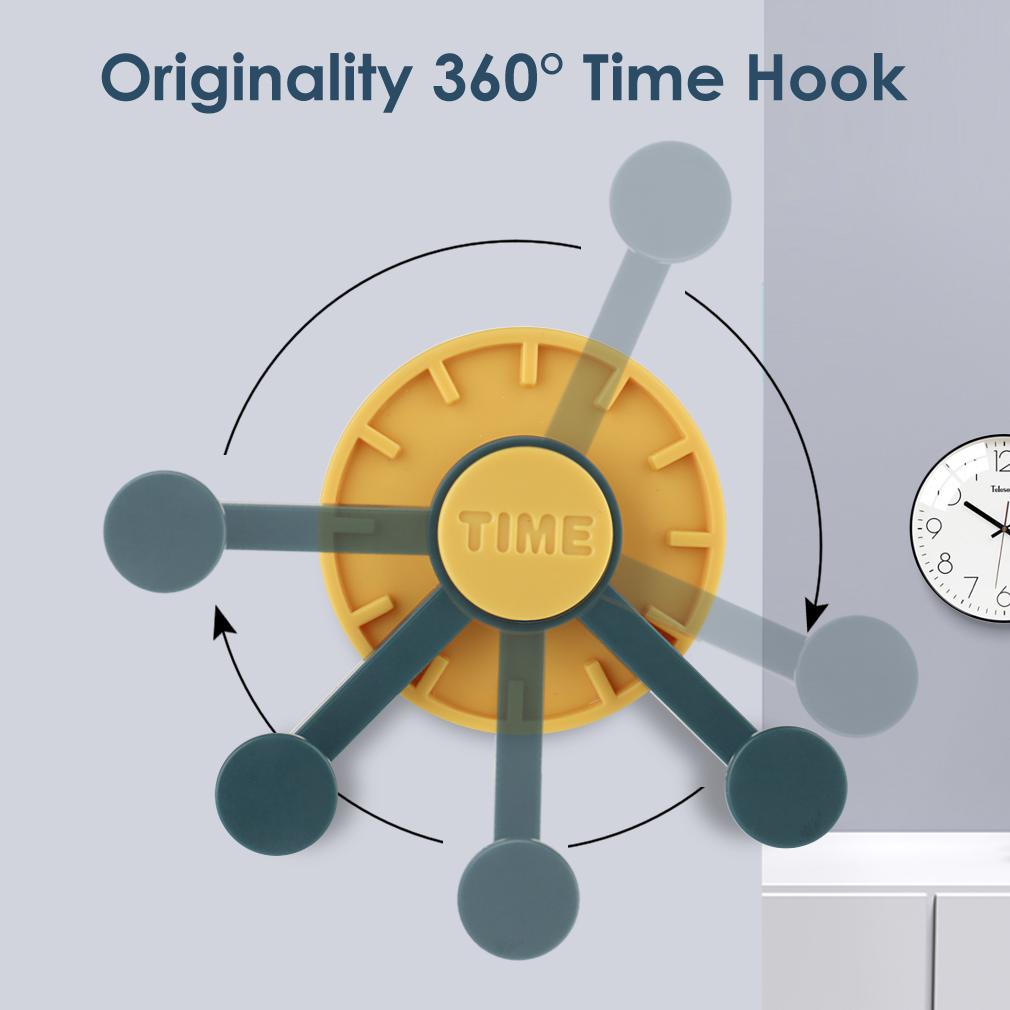 1Pc Time Clock Design Wall Hooks Self-adhesive Coat Hat Rack Hook 360° Rotation Clock Hook Bathroom Kitchen Accessories