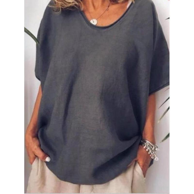 Women'S Fashion Short Sleeve Cotton And Linen Loose Casual Solid Color Top