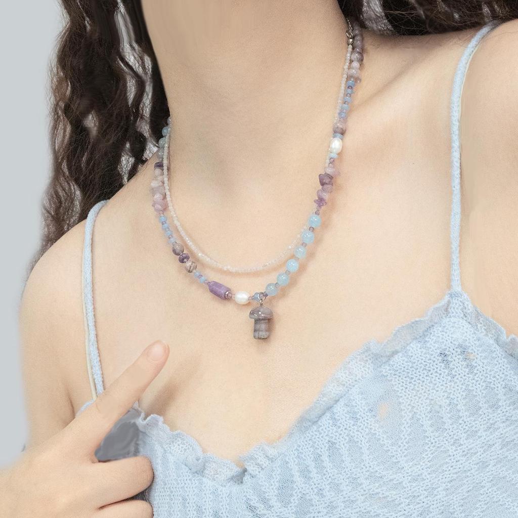 Pendentif Champignon en Lépidolite Pierre Naturelle Taro Lavande Chaîne de Clavicule - Style Jardin Monet Coréen