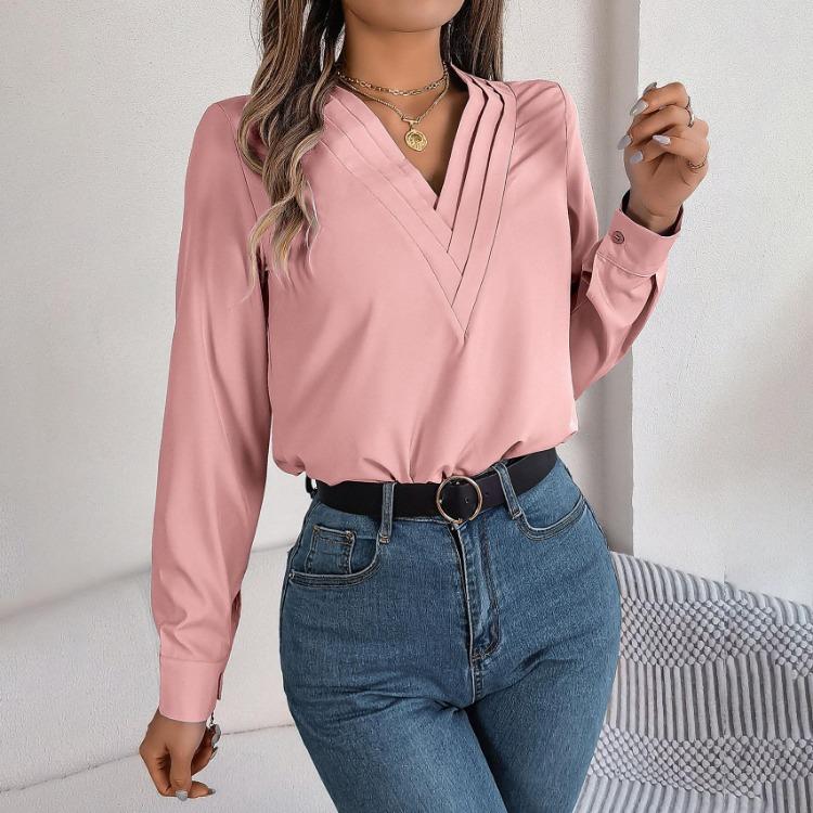 Dámská halenka s dlouhým rukávem a výstřihem do V, šifonový top, jednobarevné tričko, streetové oblečení, dámské tričko