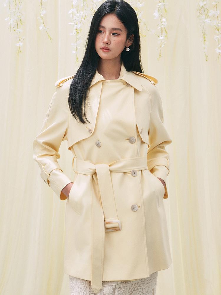 

Весенний новый модный классический желтый двубортный маленький тренч L жёлтый