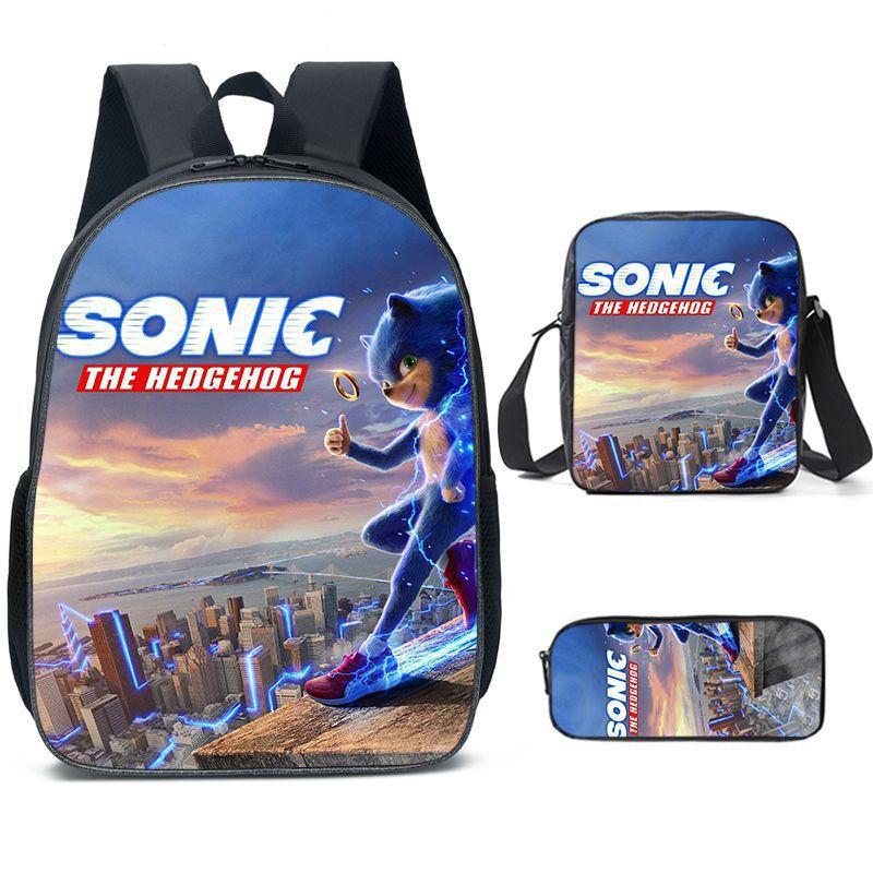 Cartoon Sonic Backpack, Primary And Secondary School Schoolbag, Messenger Bag, Pencil Case Three-Piece Set