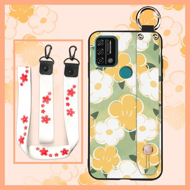 Silicone Waterproof Phone Case For UMIDIGI A9 Protective Oil Painting Flower Wrist Strap Kickstand Dirt-resistant Ring
