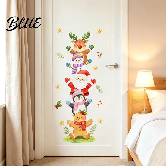 Christmas Party Room Decor Watercolor Stack‑Up Characters Wall Stickers Removable Self‑Adhesive Door Stickers Sticker Santa Snowman Reindeer