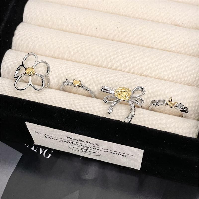 Niche Design Hollow Daisy Flower Ring Simple High-End Open Ring Bow Index Finger Ring Tide