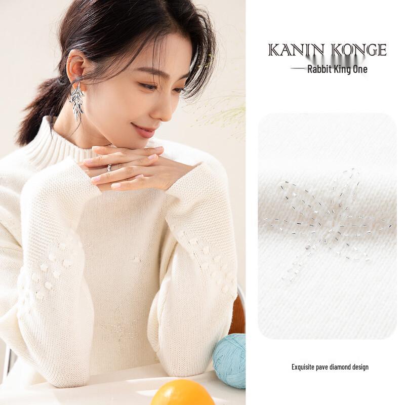 TUHUANG Women's Thickened Pure Wool Beaded Turtleneck Sweater
