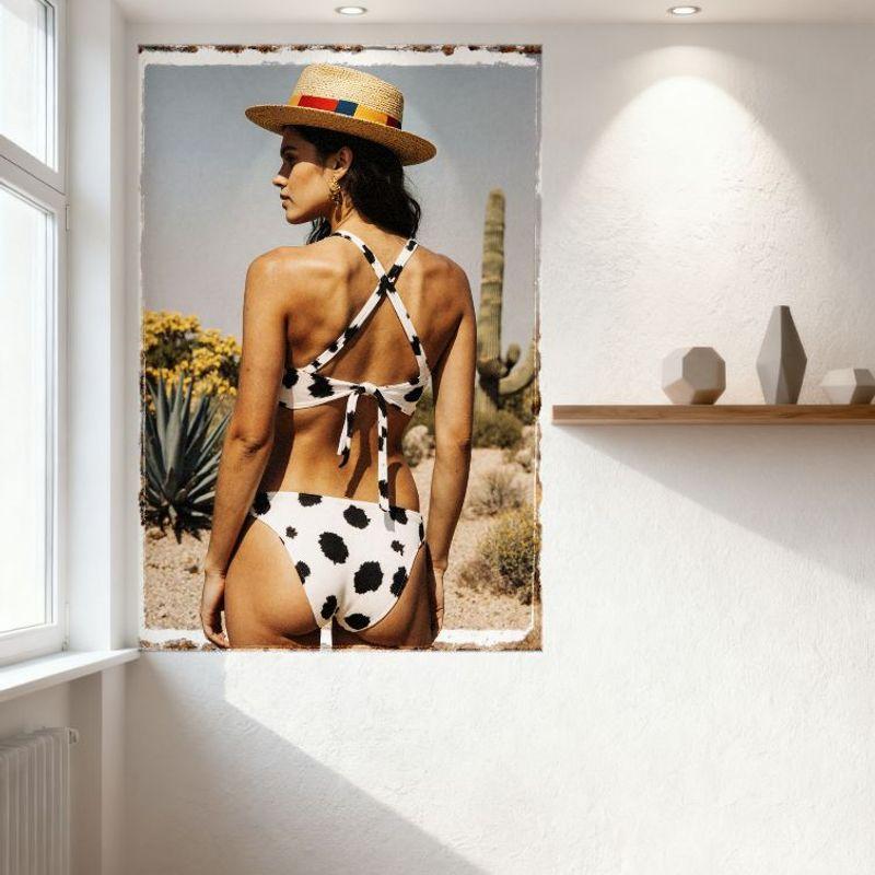 Sexy Woman In Desert Vintage Distressed Tin Sign Metal Poster - White Cow - Print Bikini, Straw Hat, Saguaro Cactus Background W