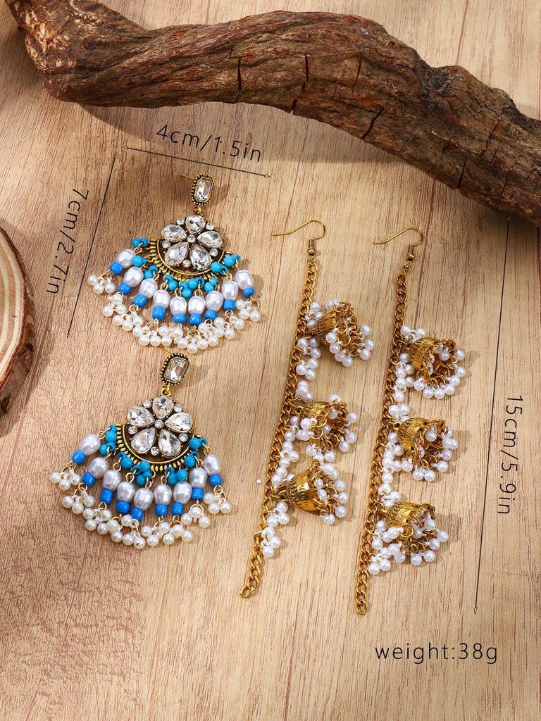 Bohemian Ethnic Rhinestone Flower Bell Earring & Hair Chain Set