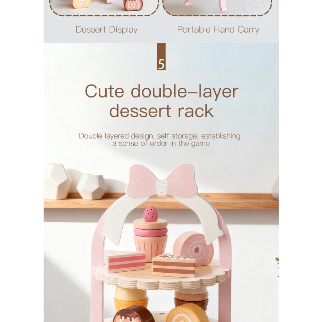 Wooden Double-Layer Dessert Stand Toy Set - Pink Bow Theme Children's Tea Party Pretend Play Toy Includes Cakes and Menu Cards