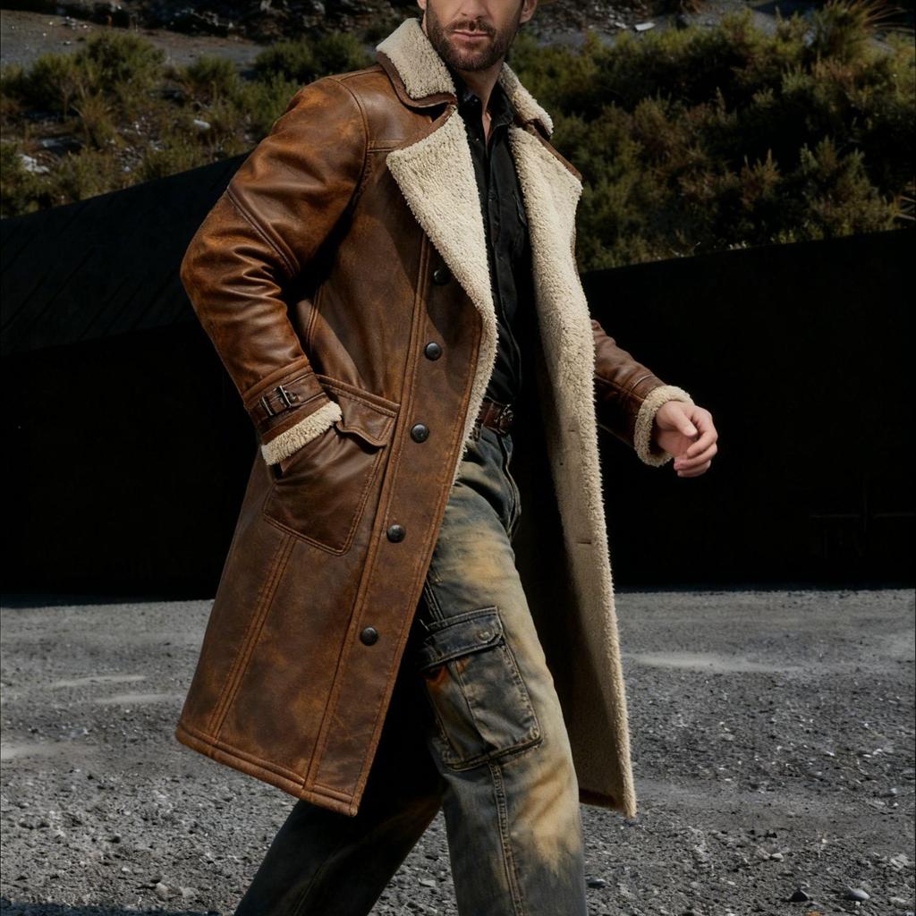European Men's Retro Brown Suede Long Coat - Autumn/Winter Warm Jacket