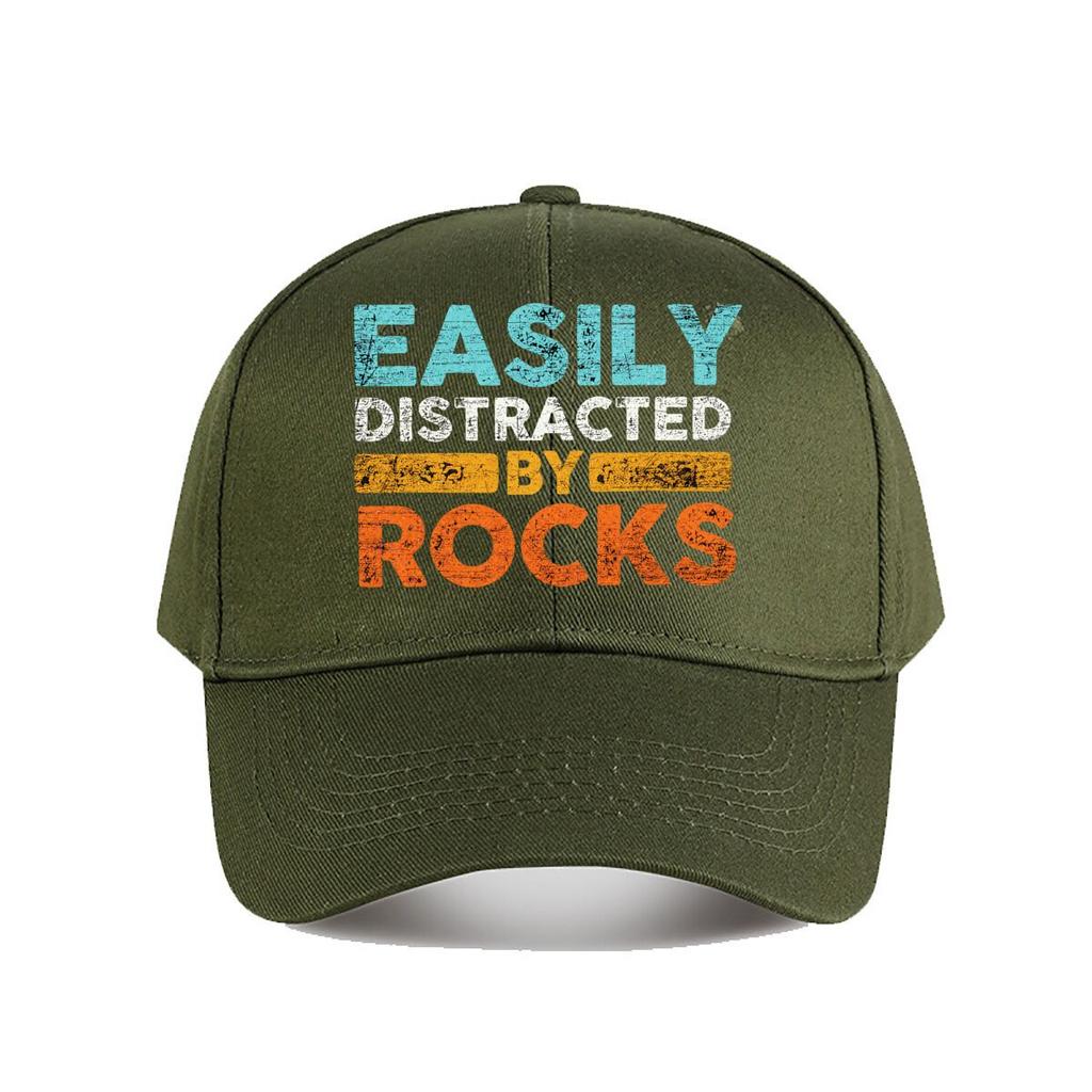 Easily Distracted By Rocks Geology Quote Graphic Baseball Cap Fashion Unisex Sunhat Womens Outdoor Sports